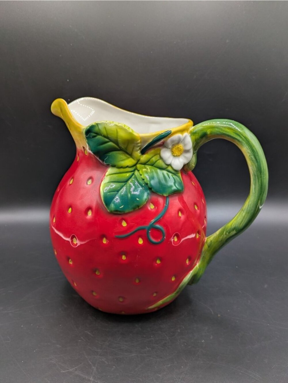 Sur La Table Ceramic Strawberry Shaped Pitcher Water Lemonade Red Green 7.5"